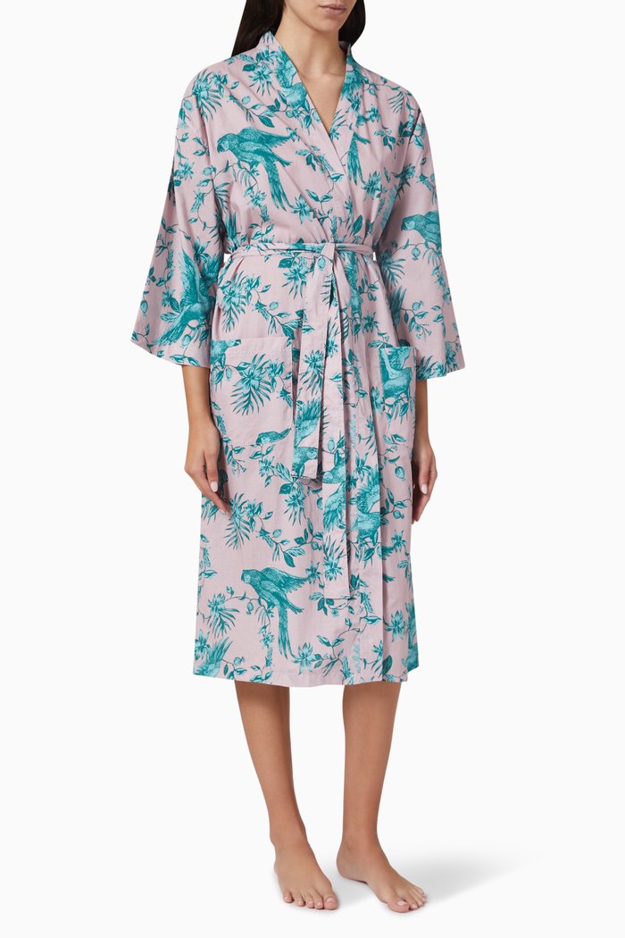 Parrot Print Robe in Linen, Pink