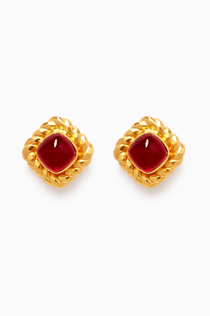 Antonia Clip Earrings in 24kt Gold-plated Brass, Red