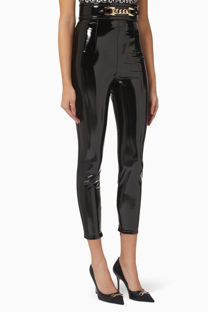 

High-rise Belted Pants in Glossy Fabric, Black