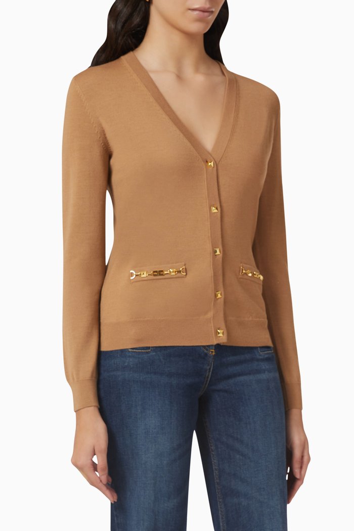 Single-breasted V-neck Cardigan in Virgin Wool, Brown