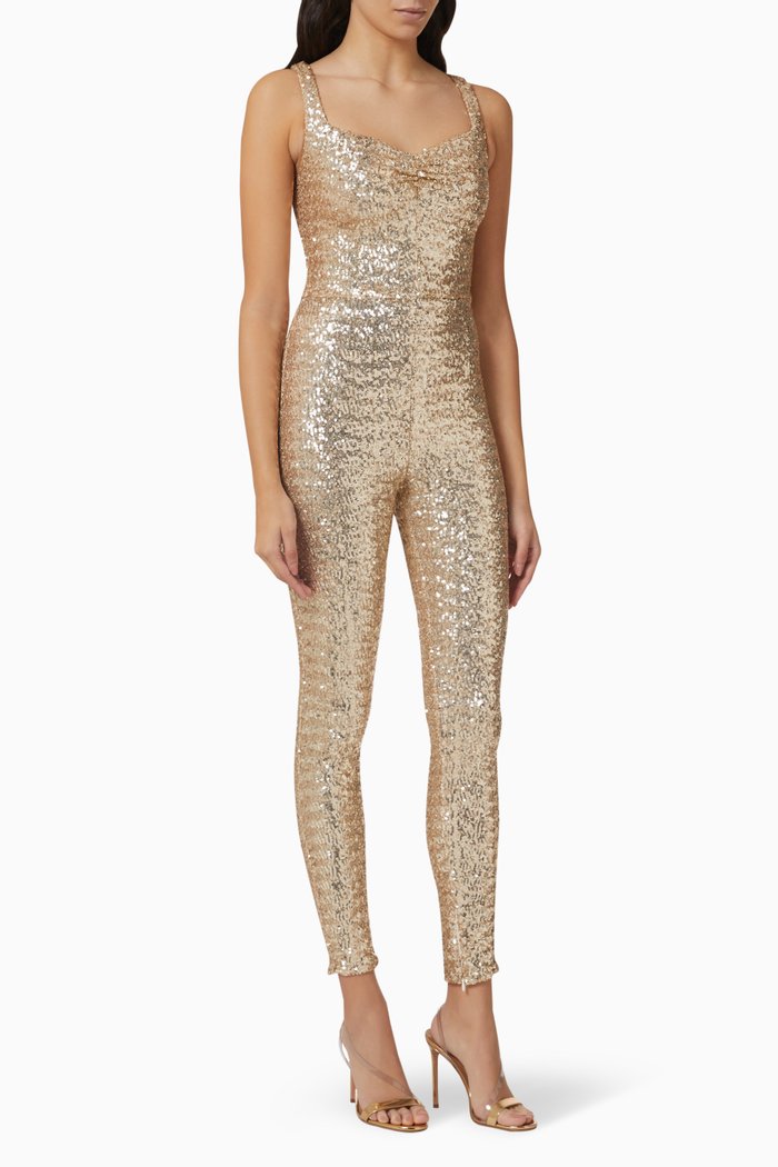 Embellished Skinny Jumpsuit in Sequined Fabric, Gold