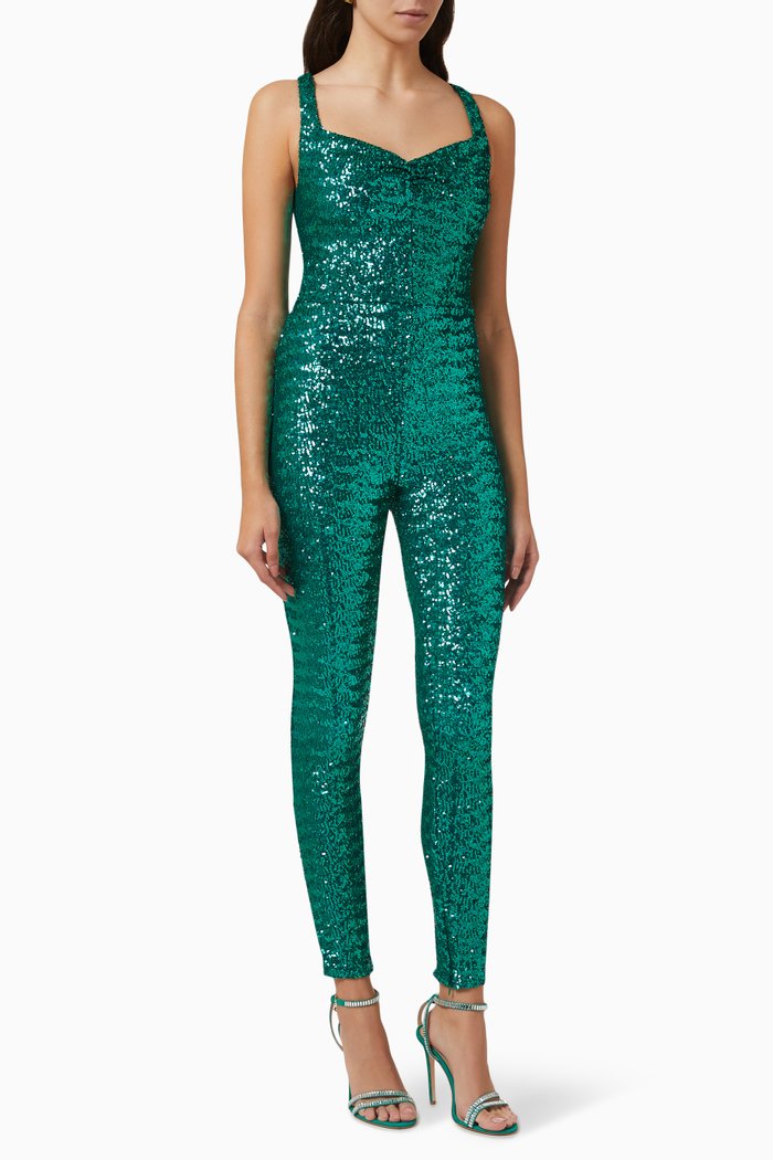 

Embellished Skinny Jumpsuit in Sequined Fabric, Green