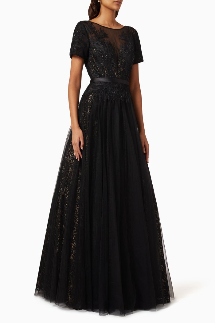 

Floral Lace Gown in Tulle, Black
