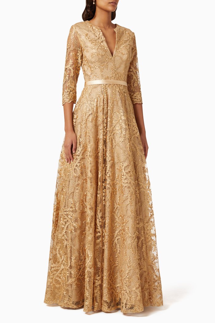 

Floral Appliqué Belted Gown, Gold