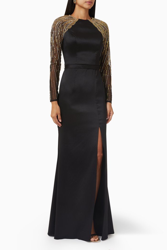

Crystal-embroidered Sleeves Gown in Satin, Black