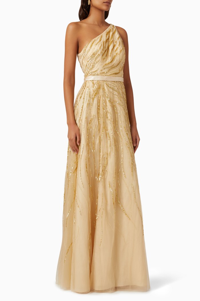 

One-shoulder Sequin Gown, Gold
