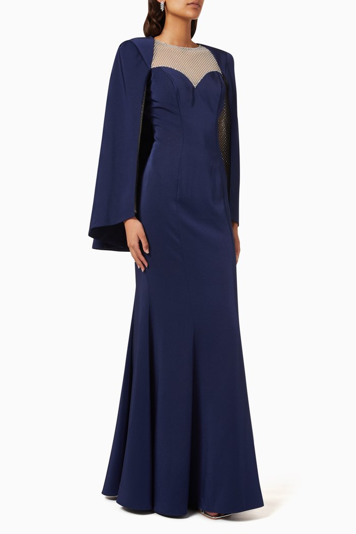

Glitter Mesh Sleeves Cape Gown, Blue