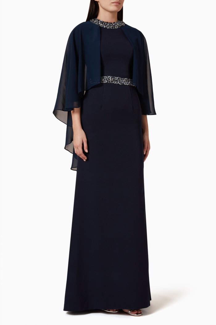 

Sequin-embellished Cape Maxi Dress in Chiffon, Blue