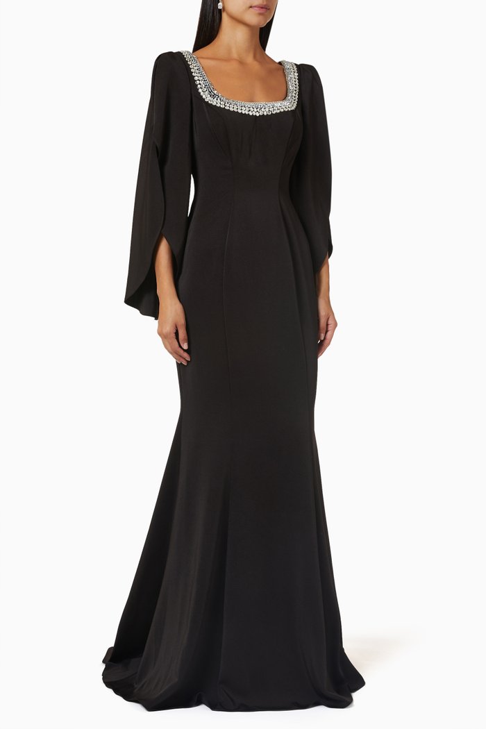 

Crystal-trim Cape Sleeves Gown, Black