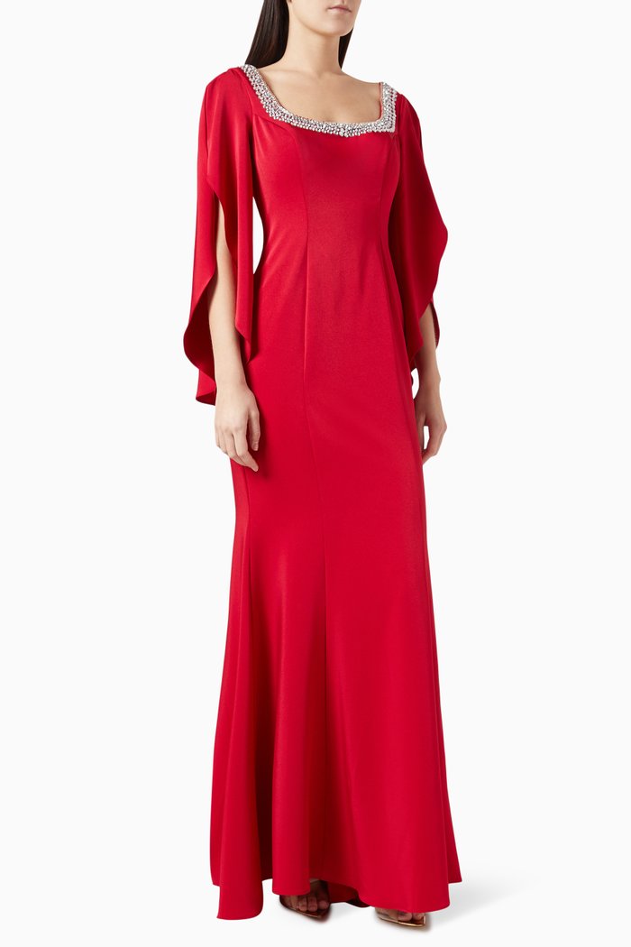 

Crystal-trim Cape Sleeves Gown, Red