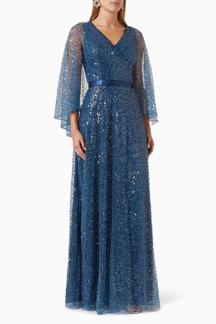 

Sequin-embellished Cape Maxi Dress, Blue