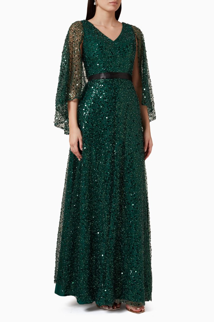 

Sequin-embellished Cape Maxi Dress, Green