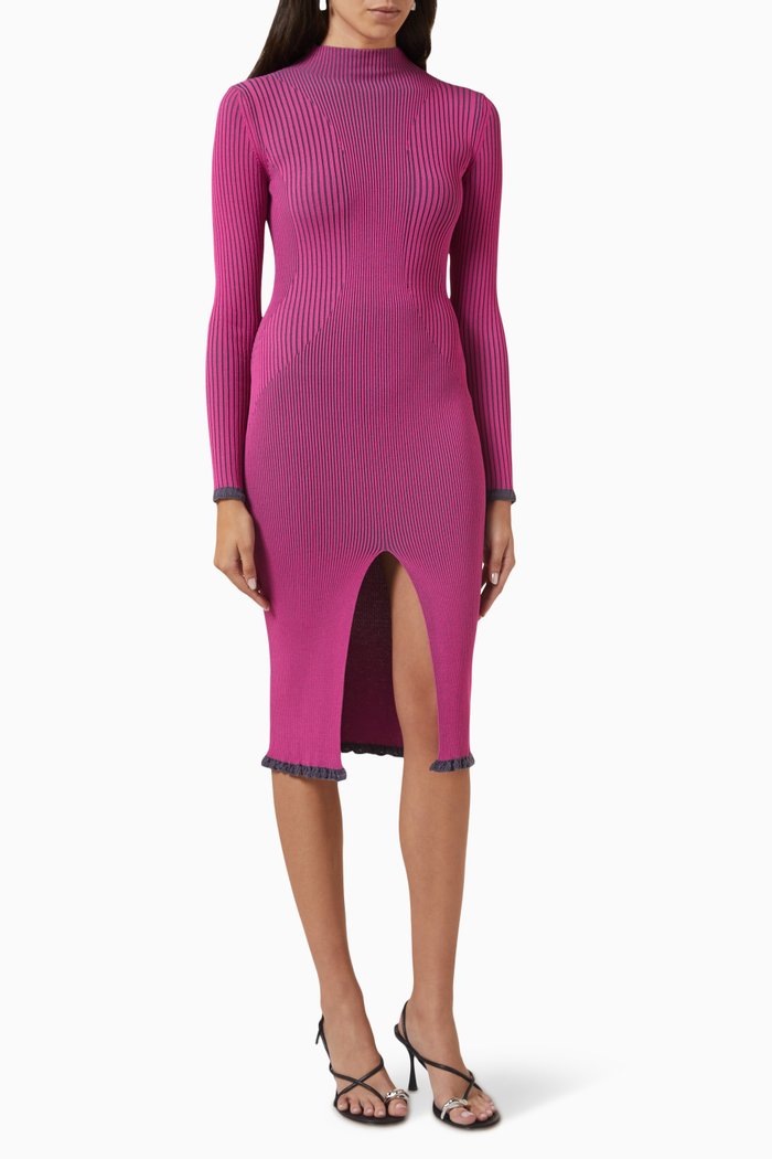 Slit Midi Dress in Ribbed Knit, Pink