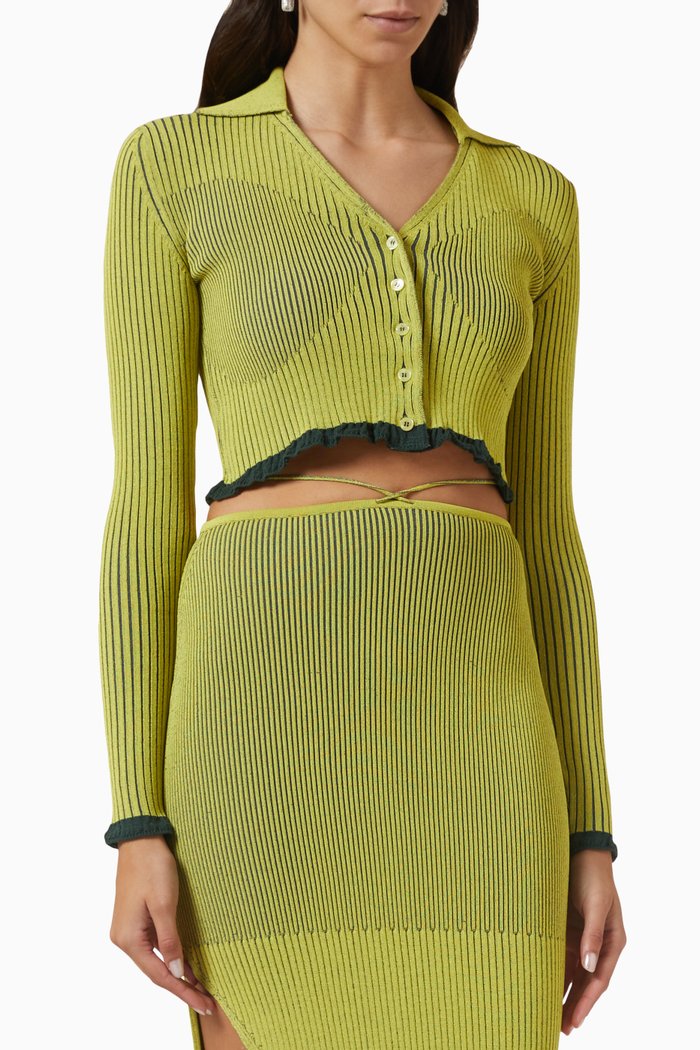 

Buttoned Crop Top in Ribbed Knit, Yellow