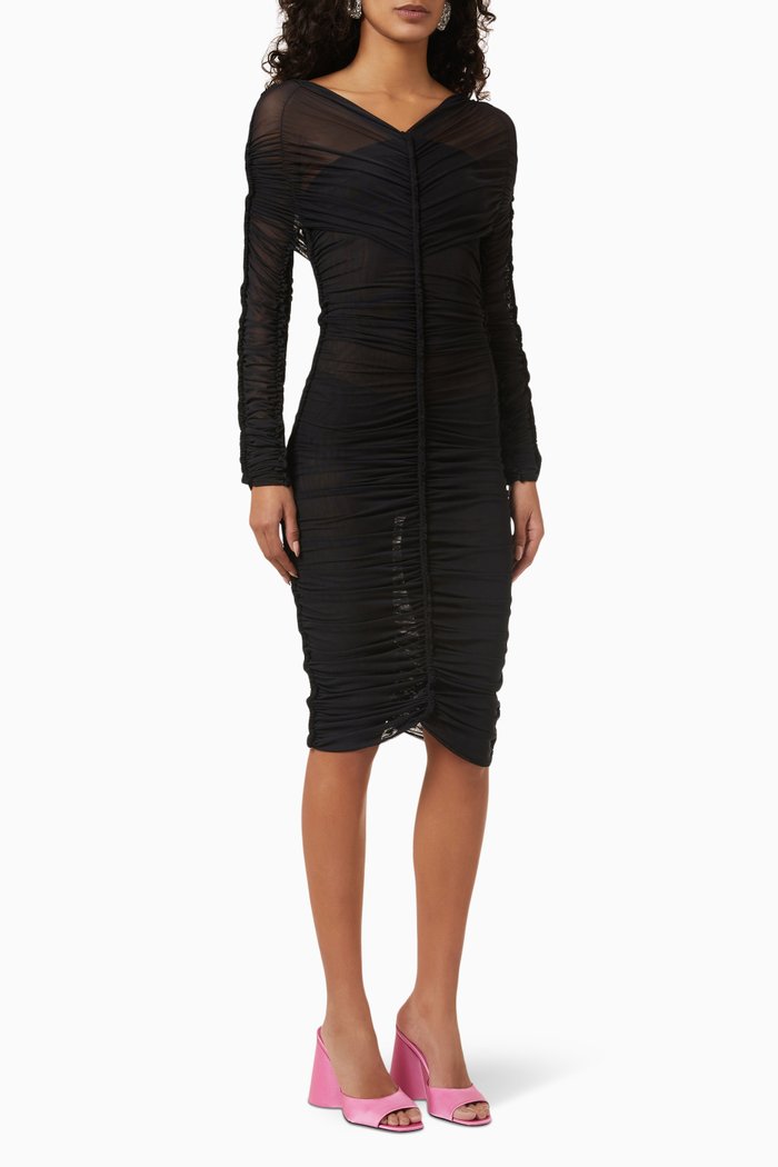 

Ruched Midi Dress in Mesh, Black