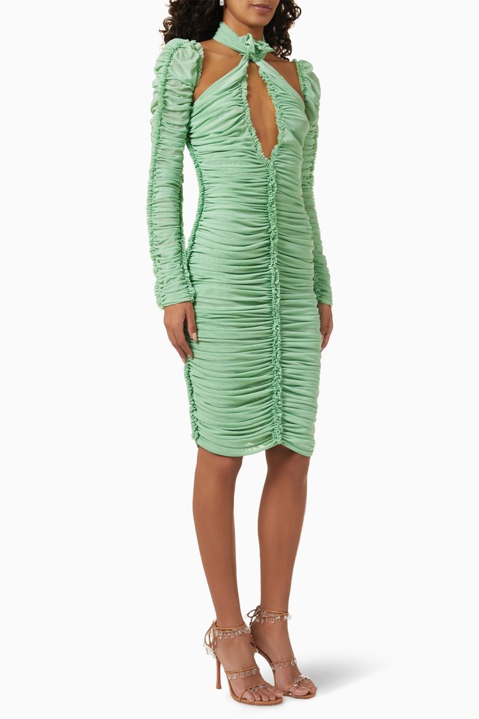 Ruched Rose Knot Midi Dress in Spandex, Green