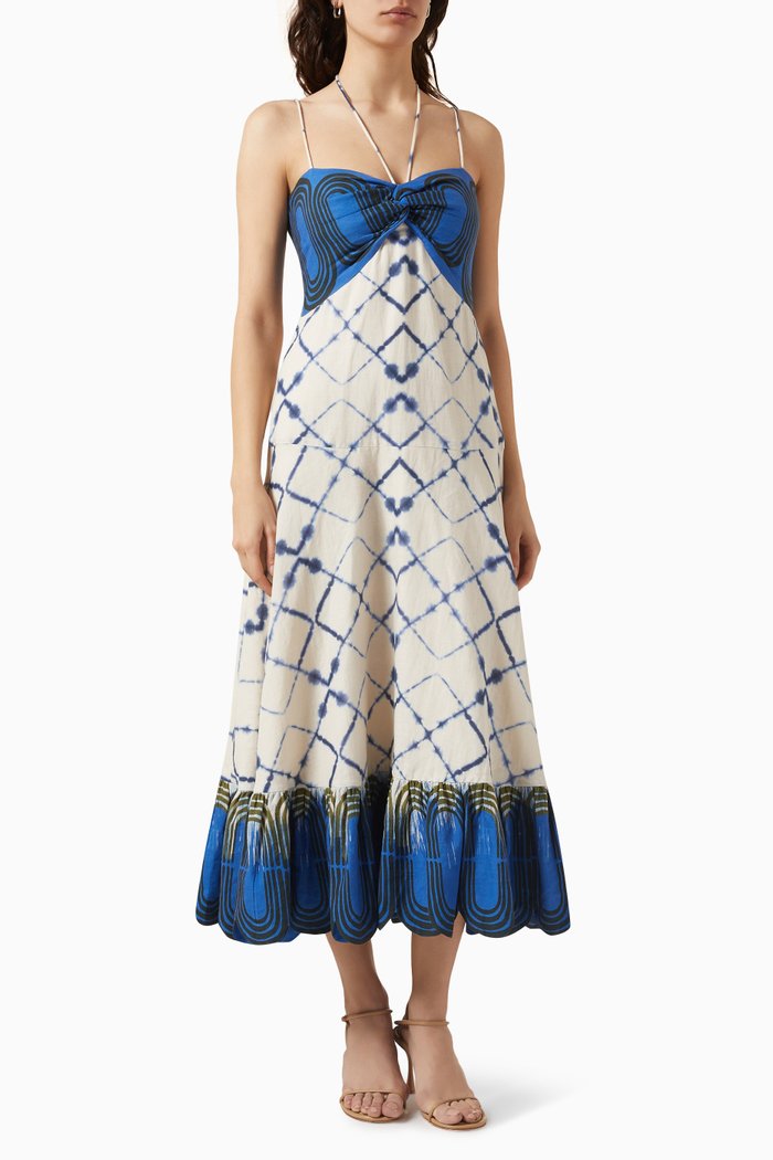 

Nuri Printed Midi Dress in Linen-cotton, Blue