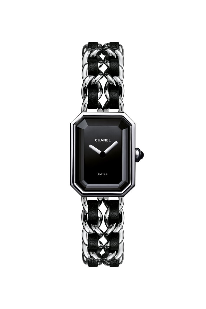 

Steel and black leather, black-lacquered dial