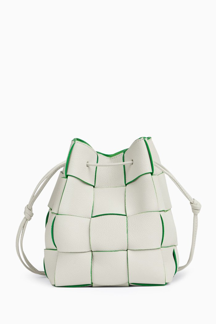 

Small Cassette Bucket Crossbody Bag in Intrecciato Leather, White