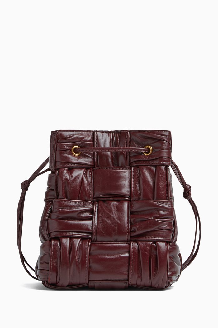Small Cassette Bucket Bag in Foulard Intreccio Leather, Burgundy