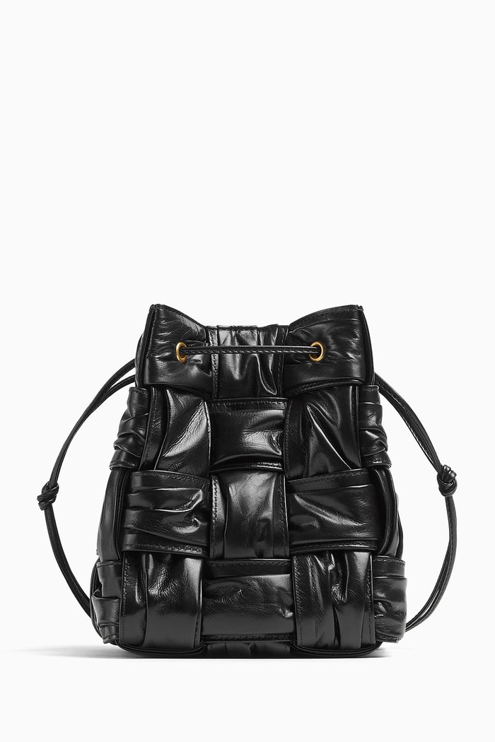 

Small Cassette Bucket Bag in Foulard Intreccio Leather, Black