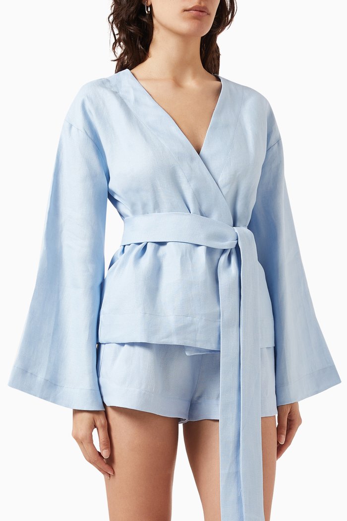 Paros Wrap Top in Structured Organic Linen, Blue