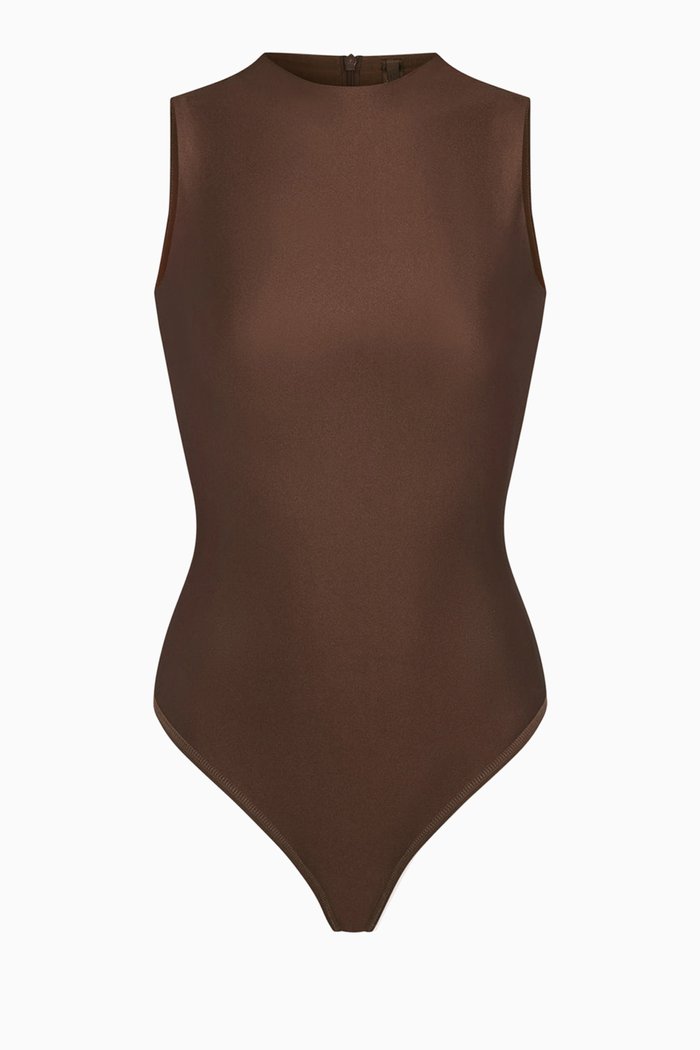 

Disco Sleeveless Mock Neck Bodysuit, Brown
