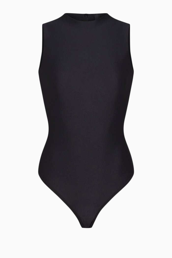 

Disco Sleeveless Mock Neck Bodysuit, Black