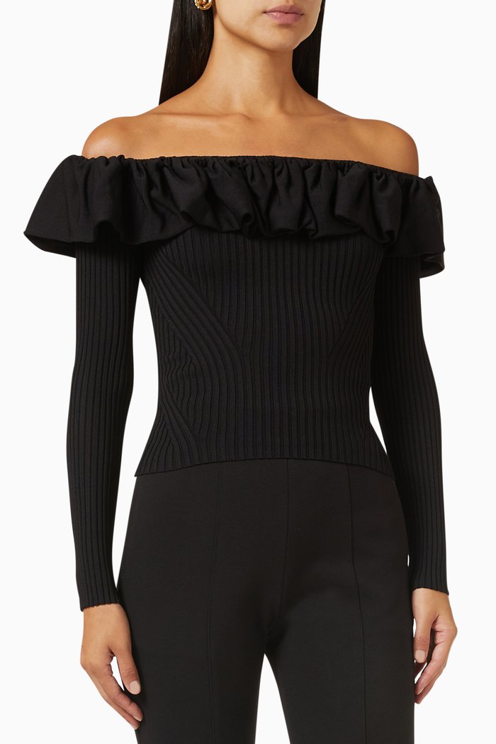 

Isabelle Ruched Off-shoulder Top in Compact-rib, Black