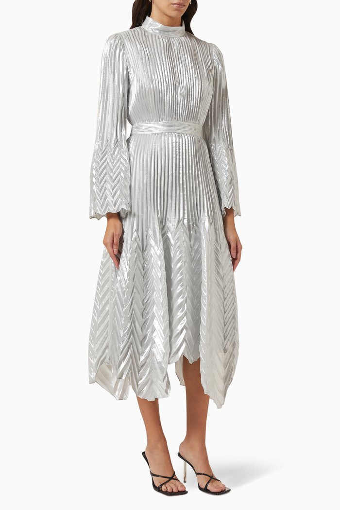 

Masha Metallic Chevron Midi Dress in Silk-lurex, Silver