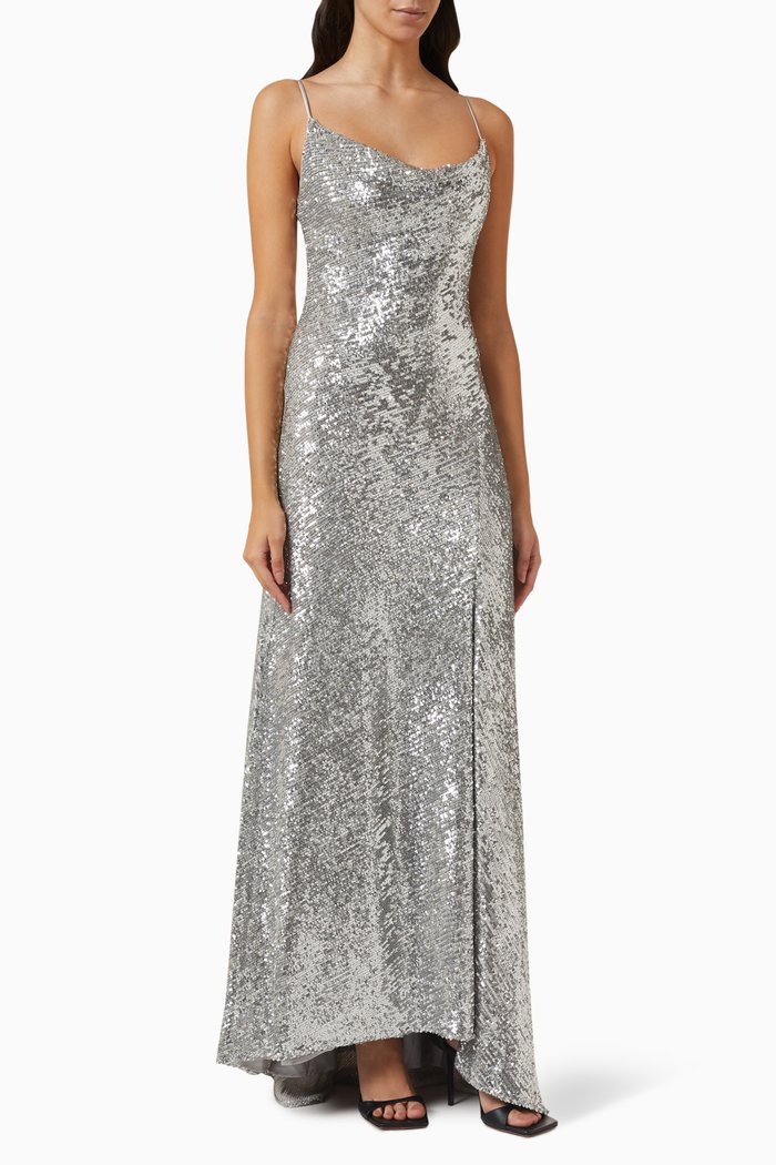 

Finley Maxi Dress in Hammered-sequin, Silver