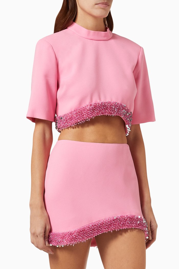 

Jalen Embellished Crop Top in Crepe, Pink