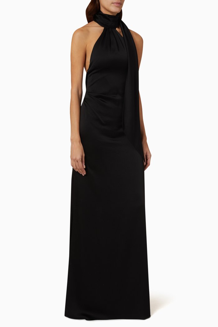 

Vittoria Draped Scarf Maxi Dress in Satin, Black