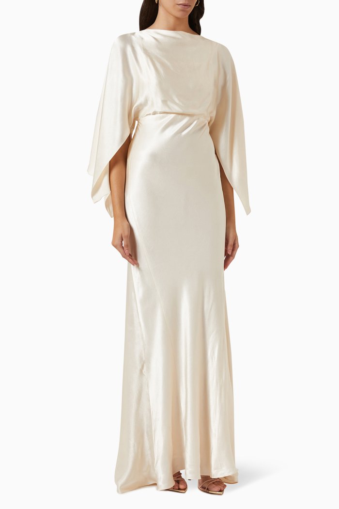 

La Lune Flutter Sleeve Maxi Dress in Satin, Neutral
