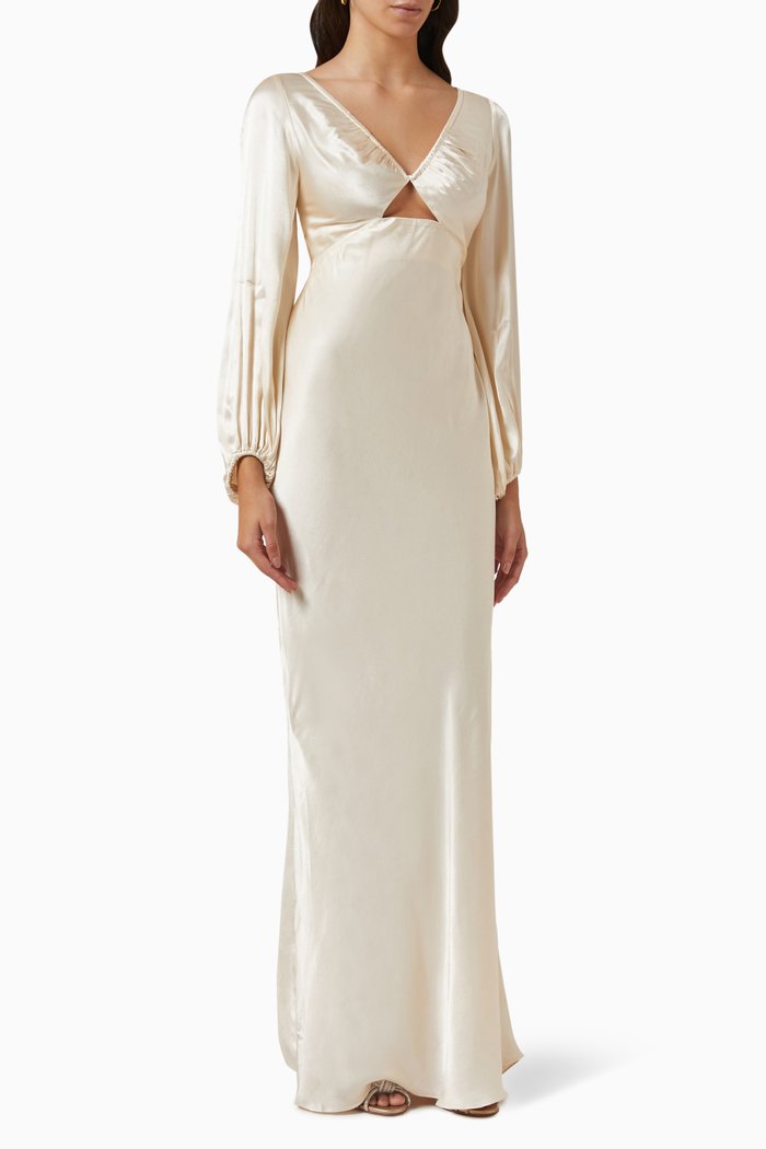 

La Lune Ruched Maxi Dress in Satin, Neutral