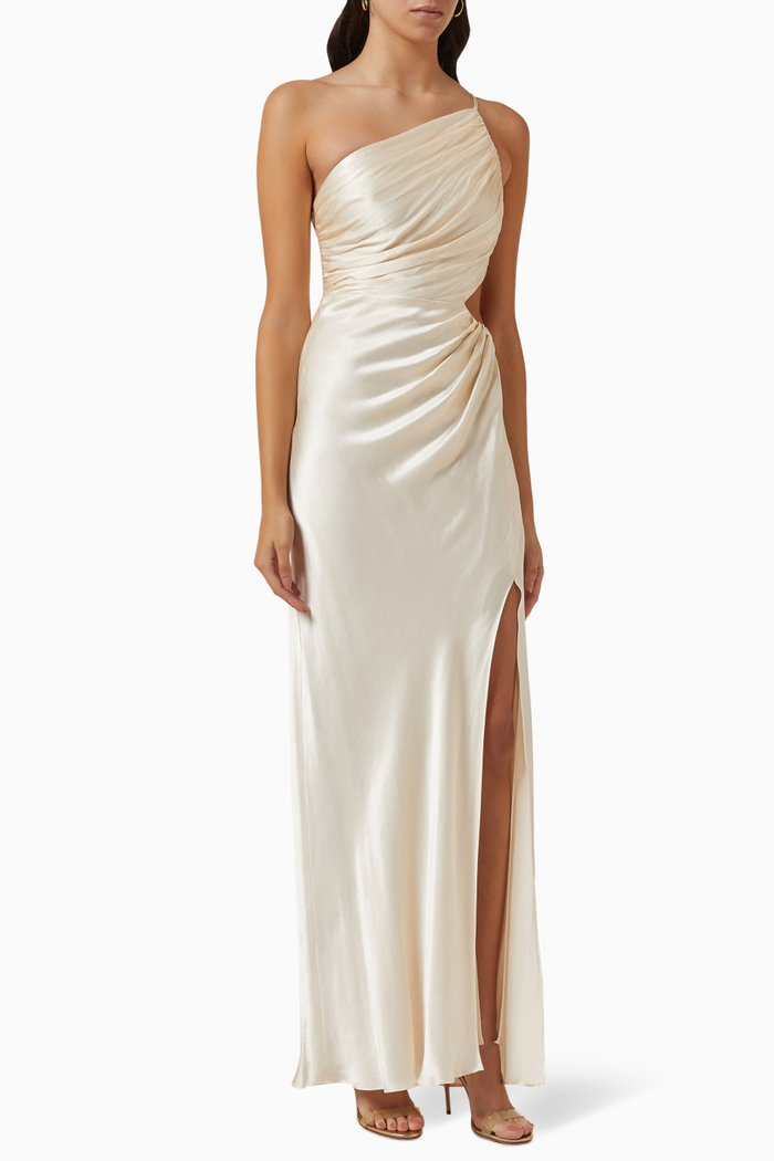 

La Lune Gathered Maxi Dress in Satin, Neutral