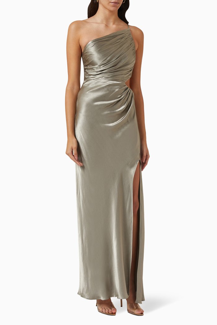 

La Lune Gathered Maxi Dress in Satin, Green