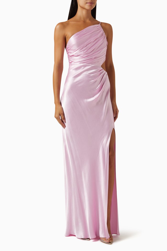 La Lune Gathered Maxi Dress in Satin, Pink