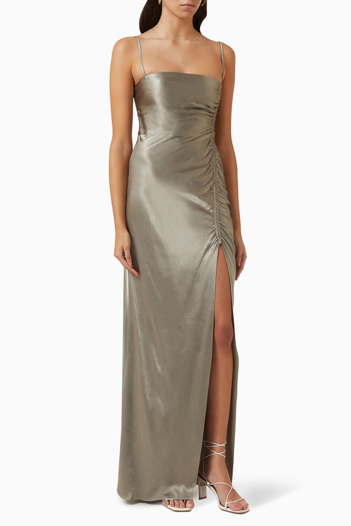

La Lune Ruched Maxi Dress in Satin, Green
