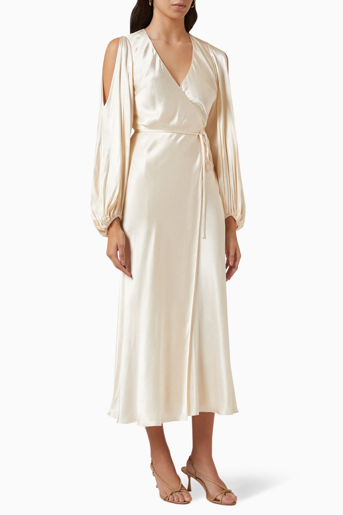 

La Lune Wrap Midi Dress in Satin, Neutral