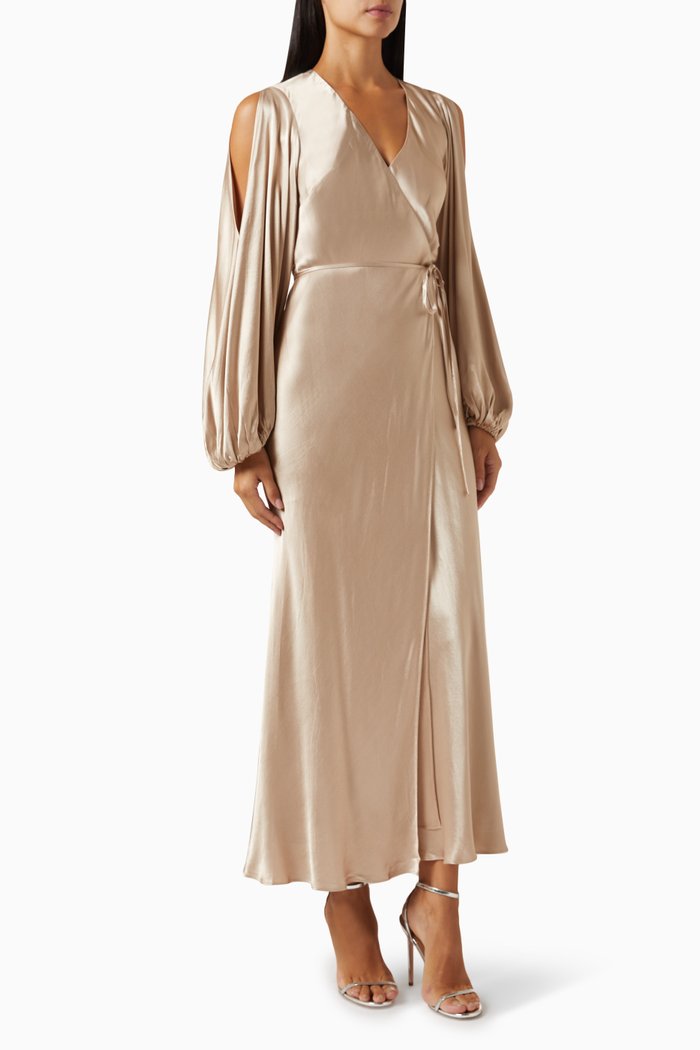 

La Lune Wrap Midi Dress in Satin, Gold