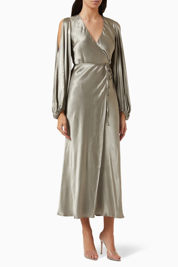 

La Lune Wrap Midi Dress in Satin, Green