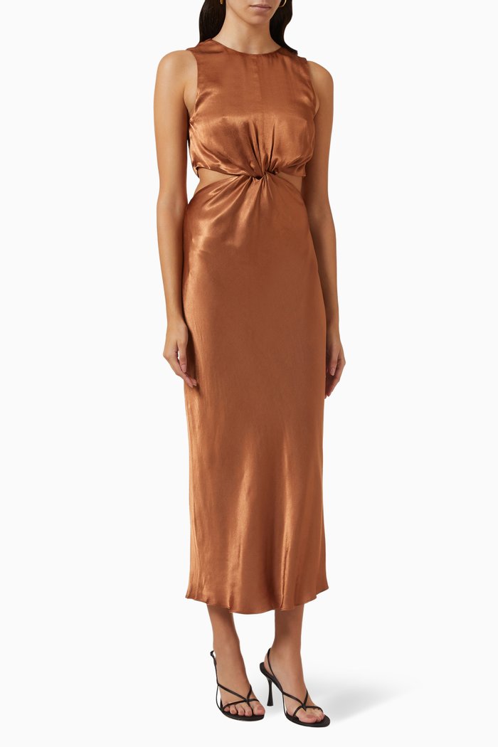 

La Lune Twist Front Midi Dress in Satin, Brown
