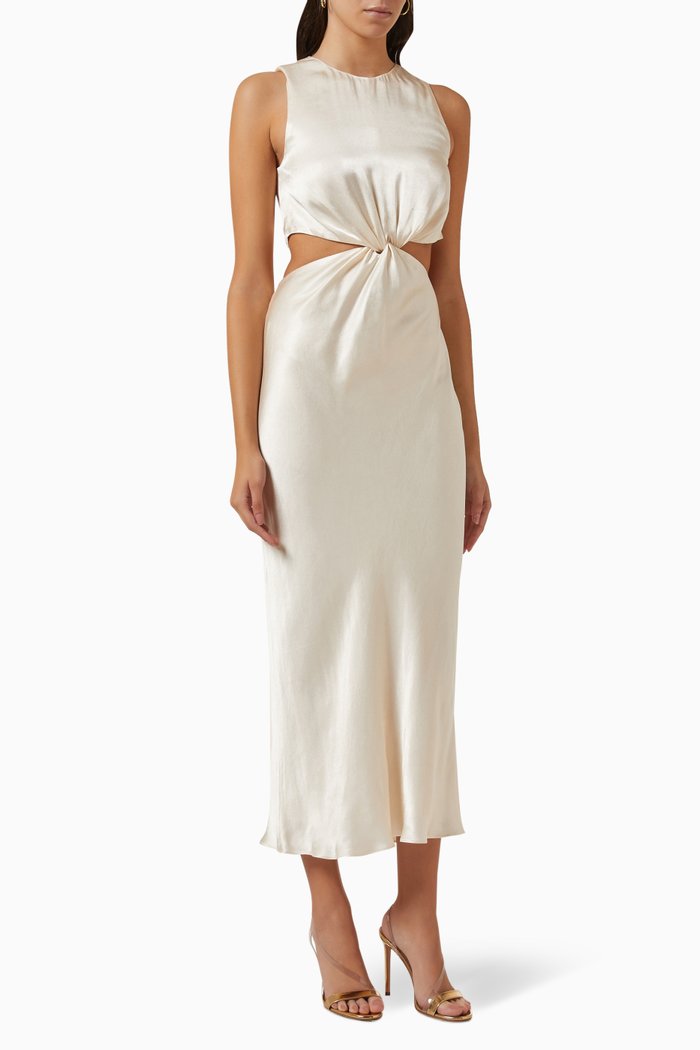 

La Lune Twist Front Midi Dress in Satin, Neutral