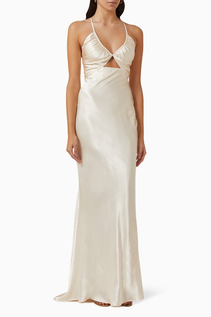 

La Lune Ruched Maxi Dress in Satin, Neutral
