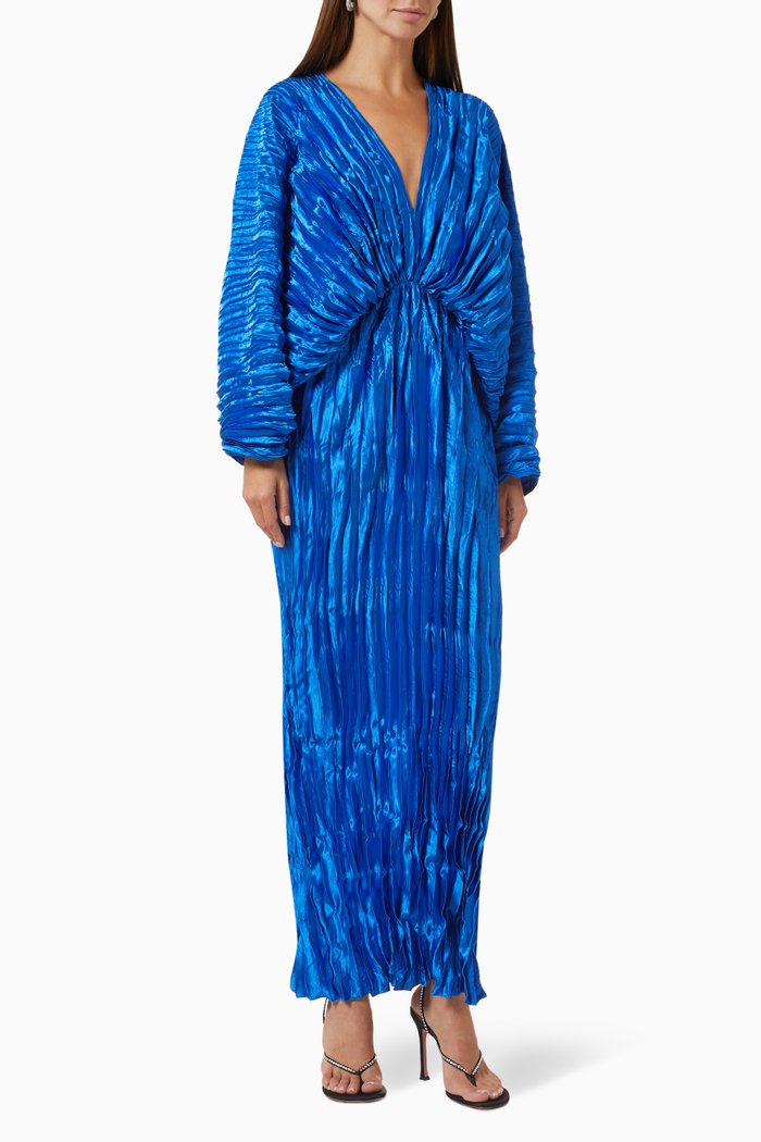 

De Luxe Crinkled Pleated Maxi Dress, Blue