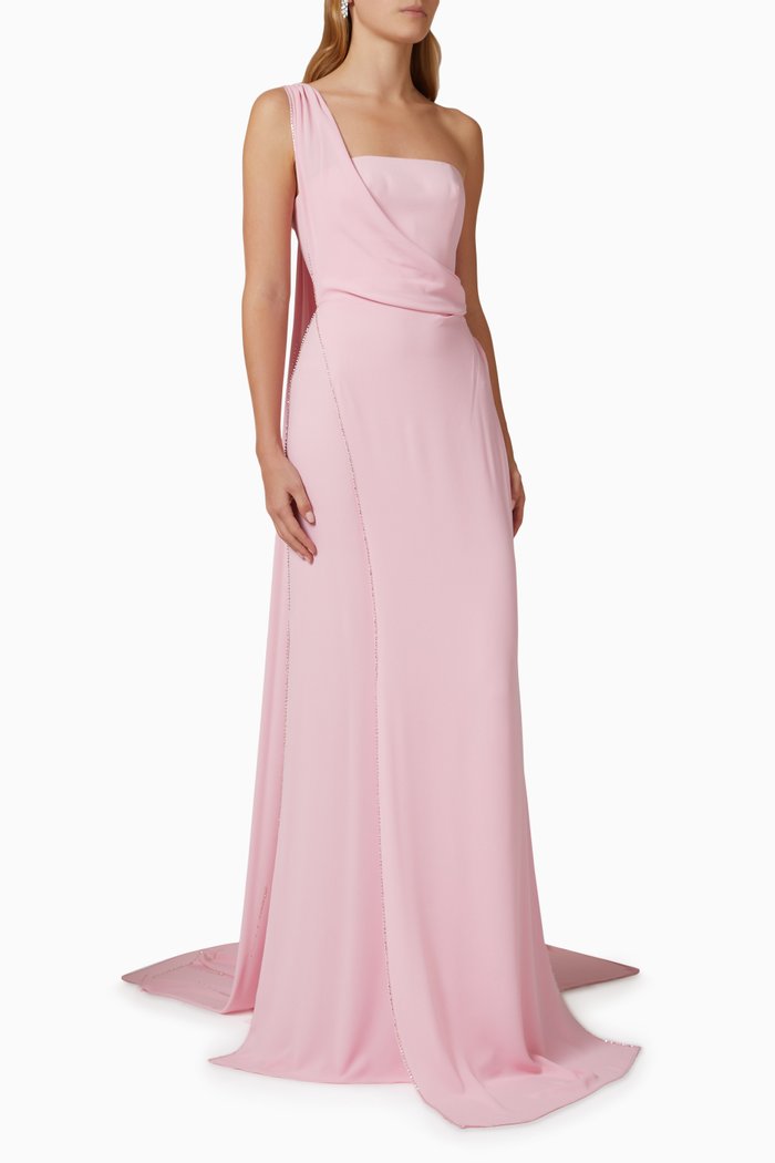 

One-shoulder Train Gown in Silk-crepe, Pink
