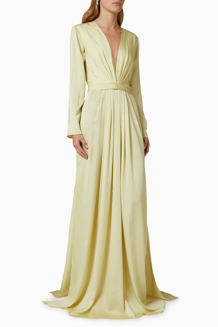 

Plunge-neck Sequin-embellished Gown in Satin, Yellow
