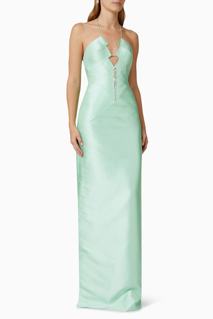 

Halterneck Sequin-embellished Maxi Dress in Taffeta, Green