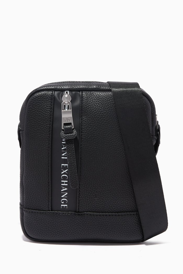 

Logo Tape Crossbody Messenger Bag in Faux Leather, Black